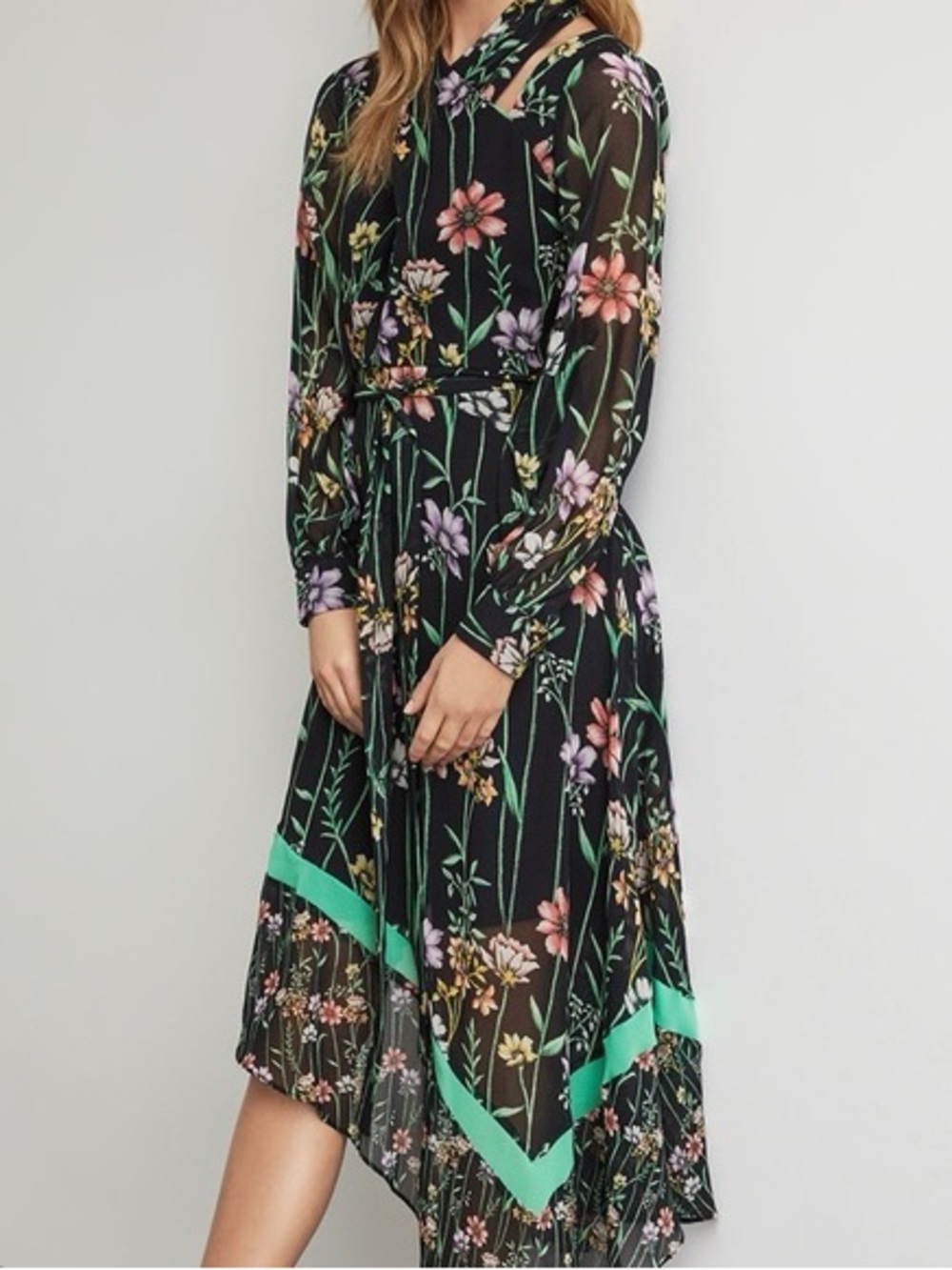 BCBGMaxAzria Black Floral Long-Sleeve Botanical Asymmetrical Cutout Dress